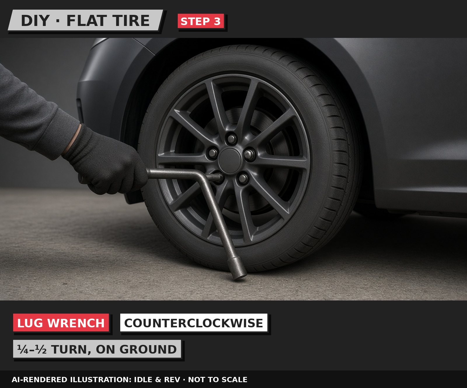 Idle & Rev illustration: Loosen the lug nuts