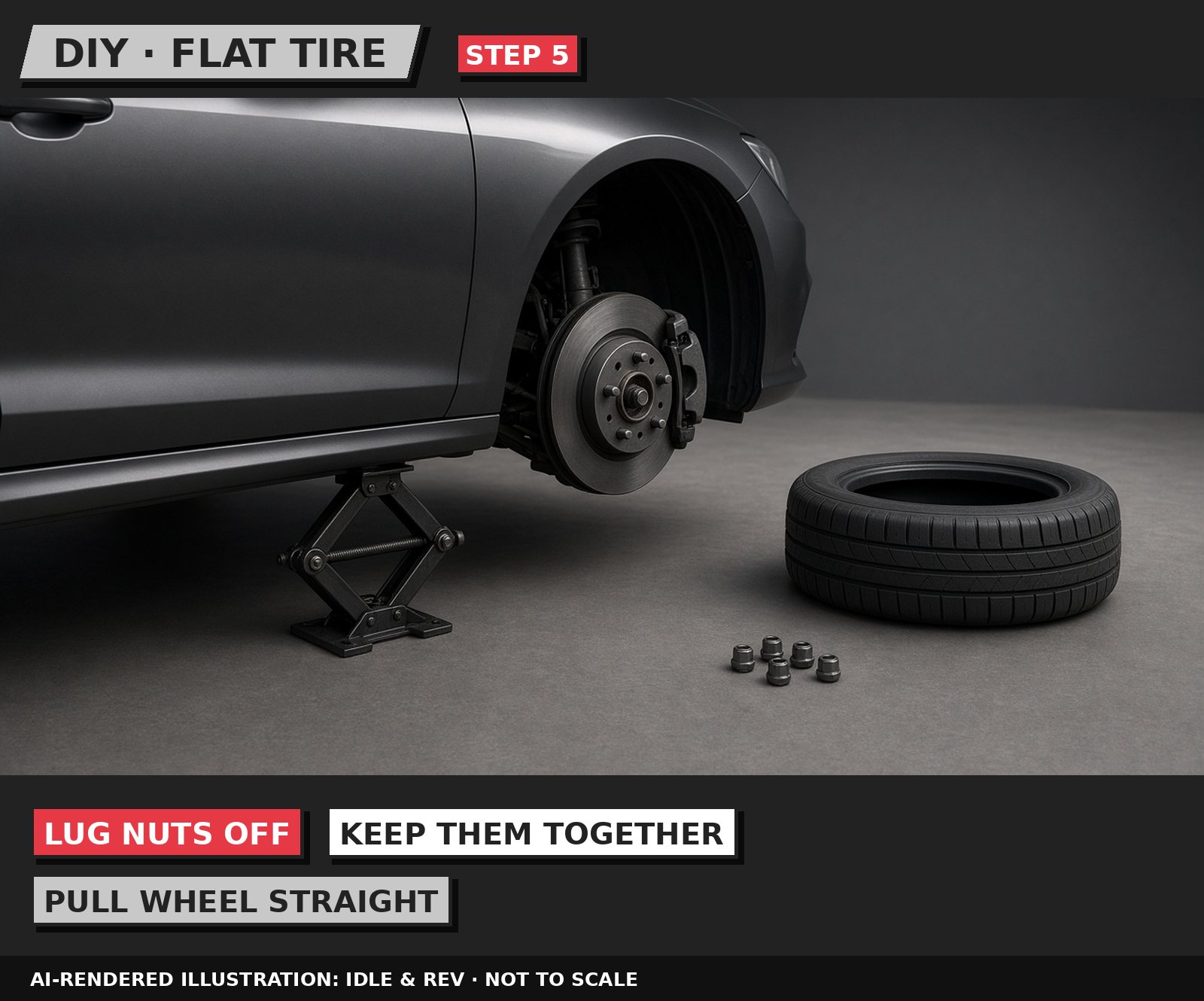 Idle & Rev illustration: Remove the lug nuts and the flat