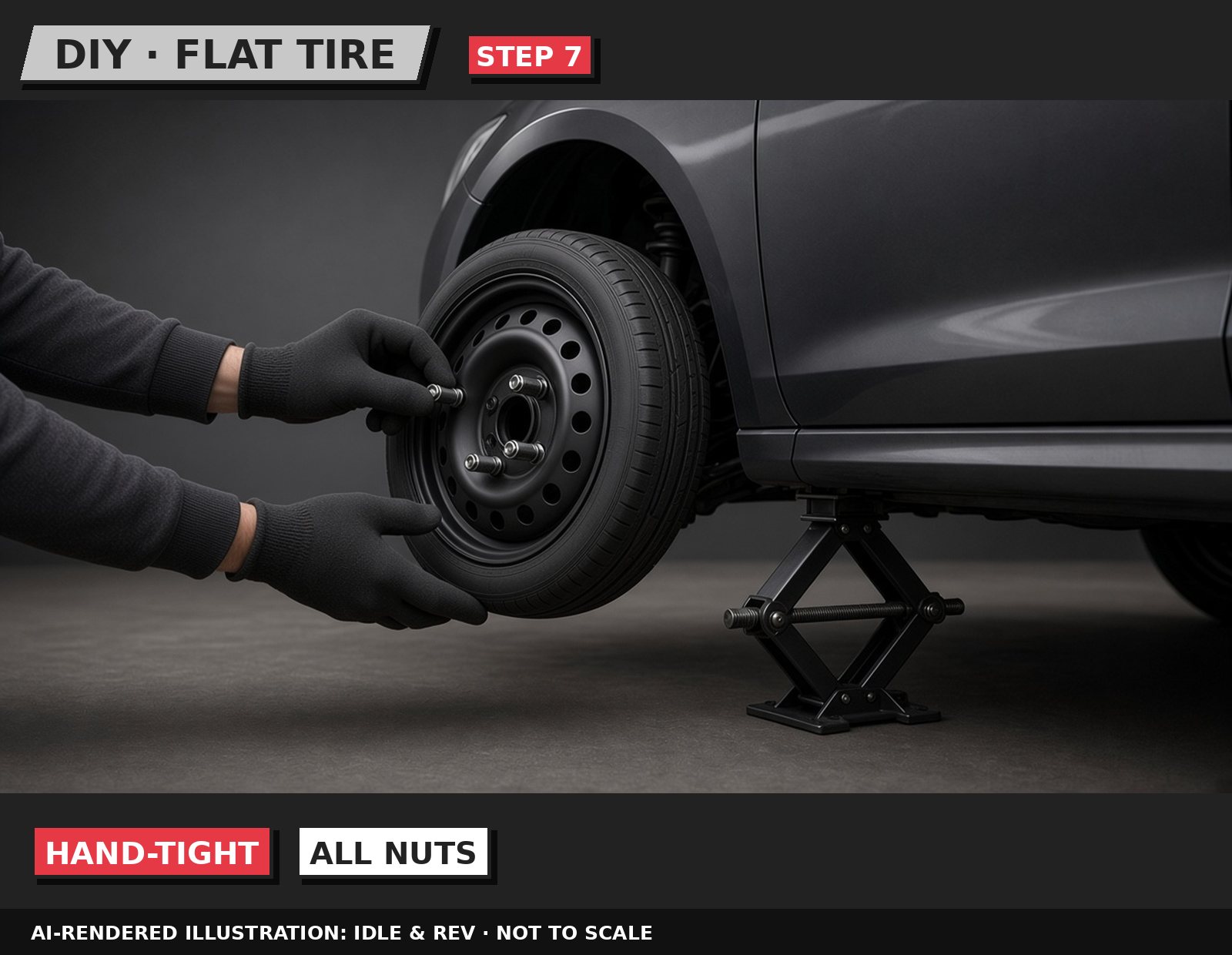 Idle & Rev illustration: Hand-tighten the lug nuts