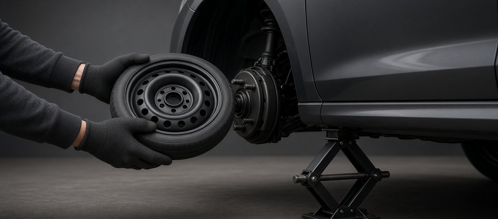 Mounting a spare wheel onto the hub of a jacked-up car