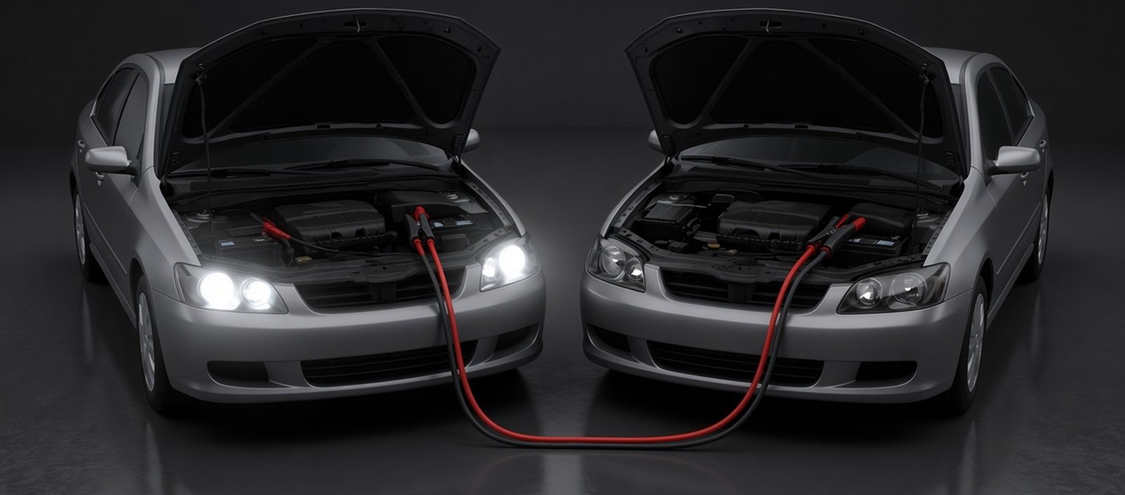 Two cars connected with jumper cables, donor car running