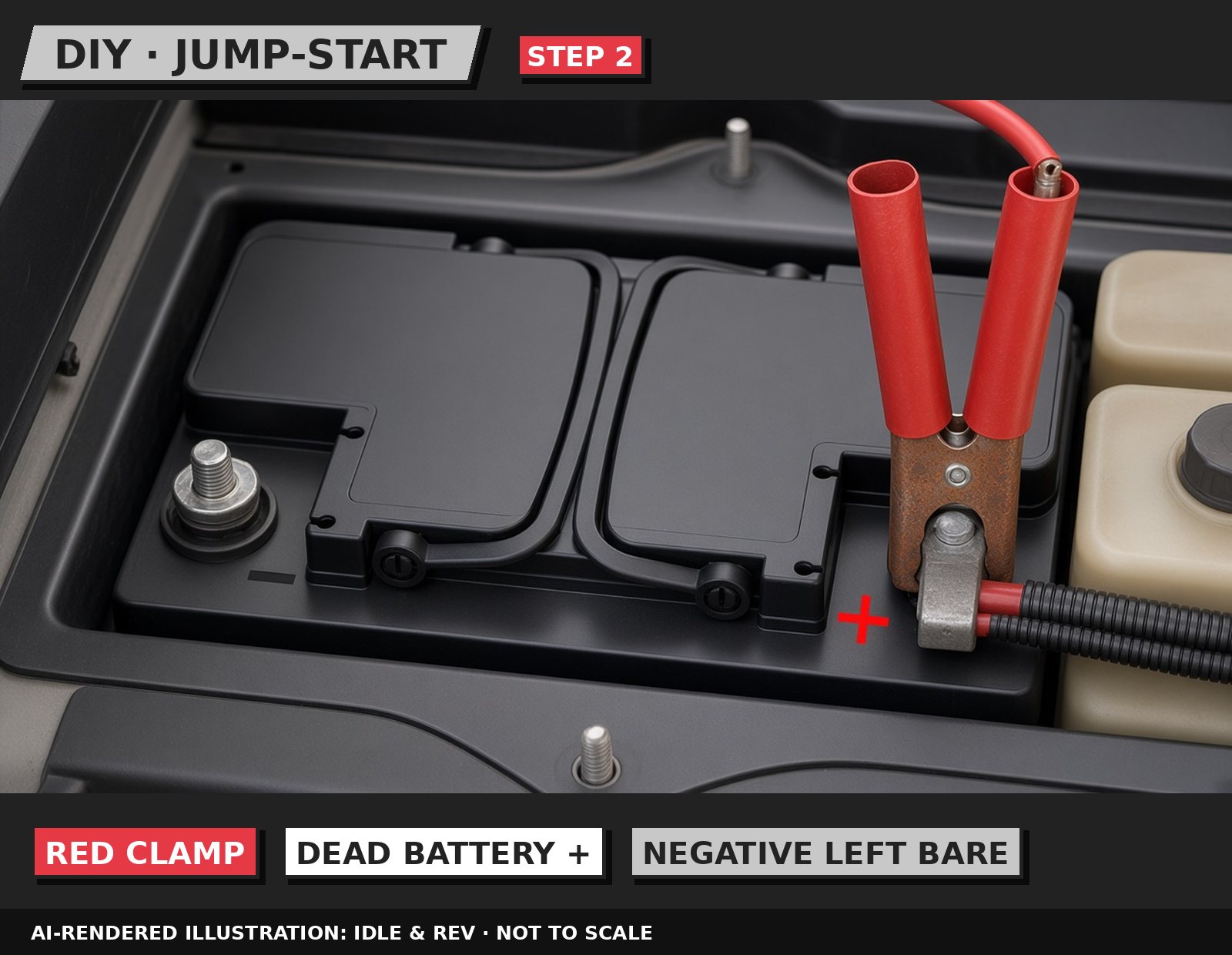 Idle & Rev illustration: Red clamp to the dead battery's positive