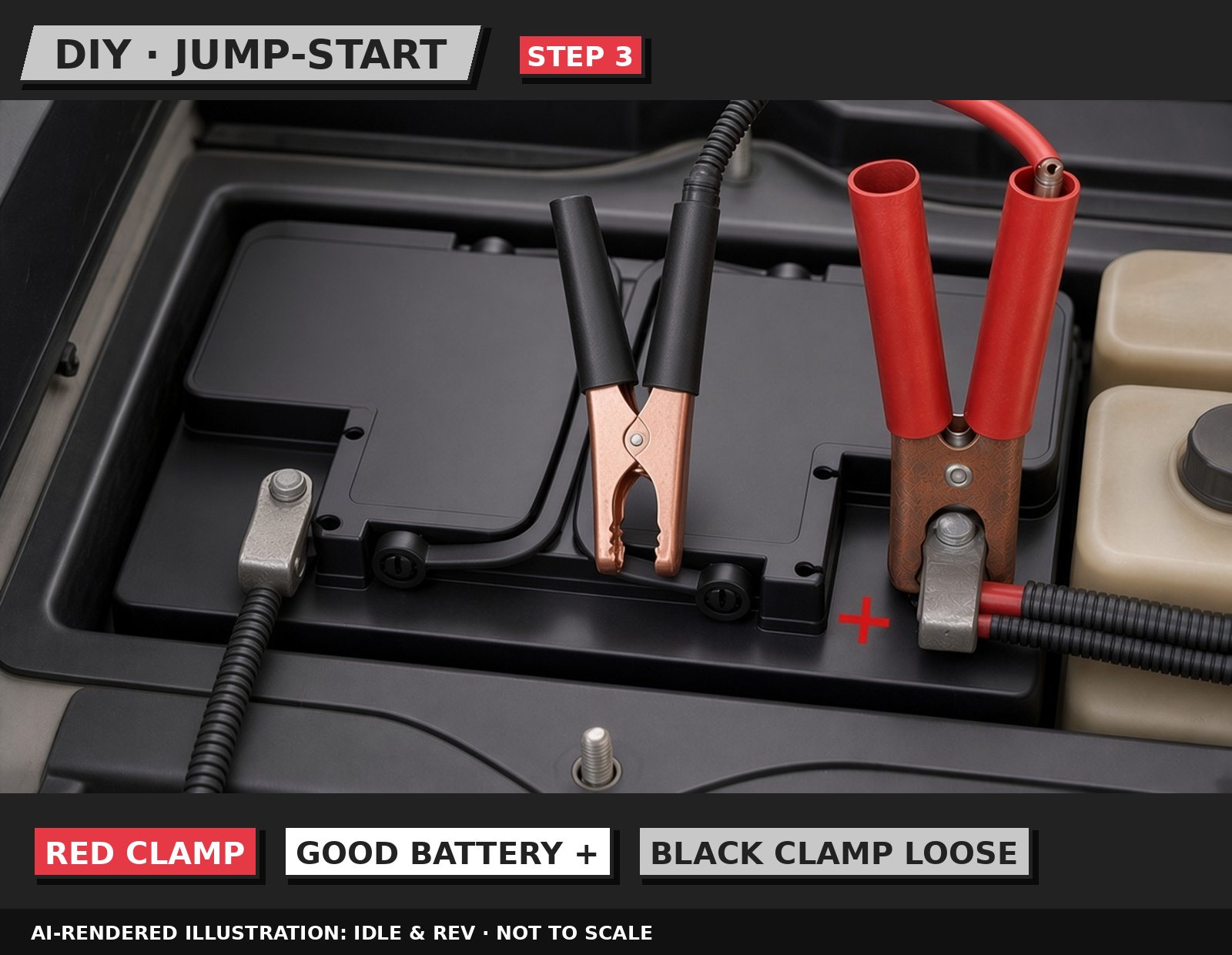 Idle & Rev illustration: Other red clamp to the good battery's positive
