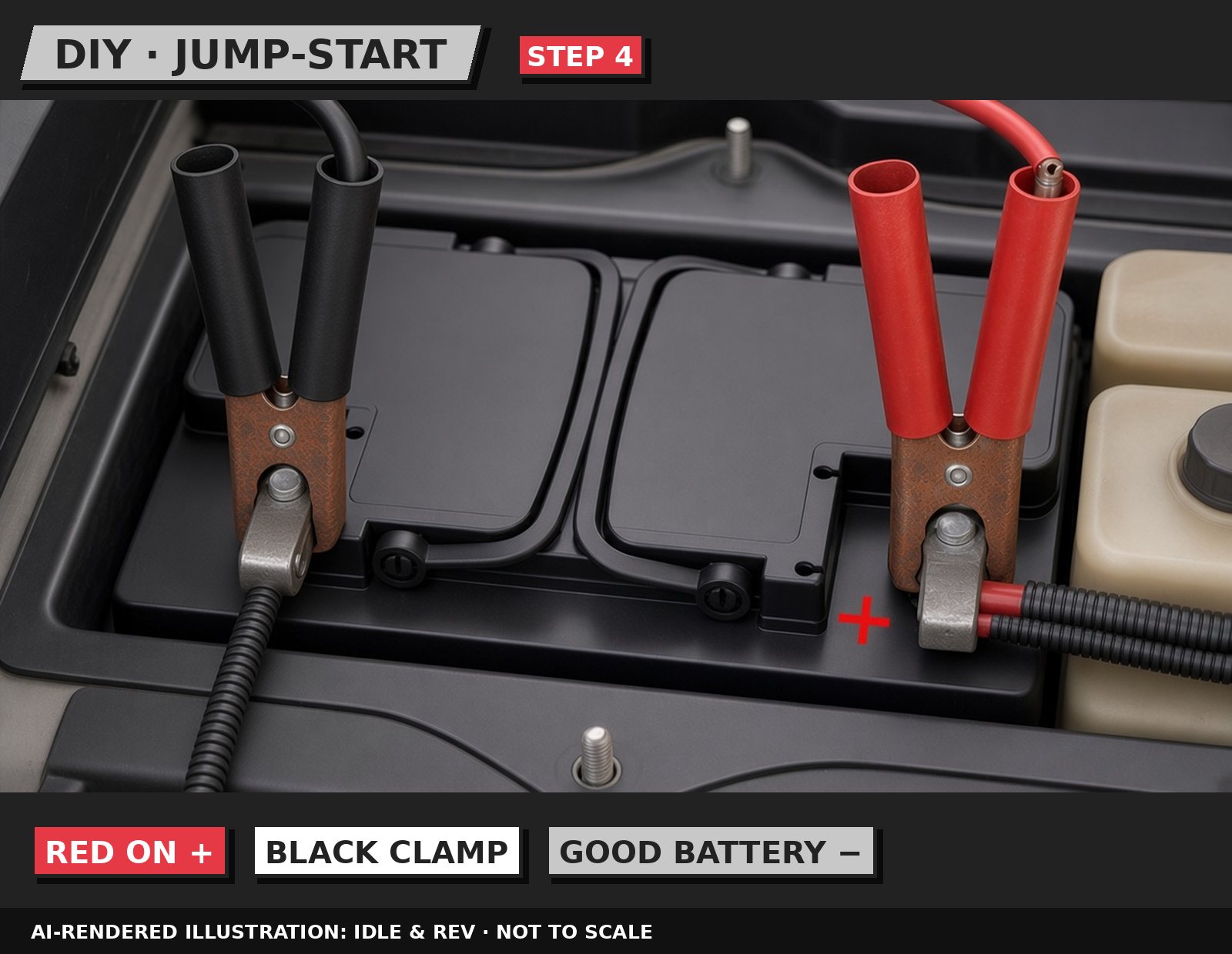Idle & Rev illustration: Black clamp to the good battery's negative