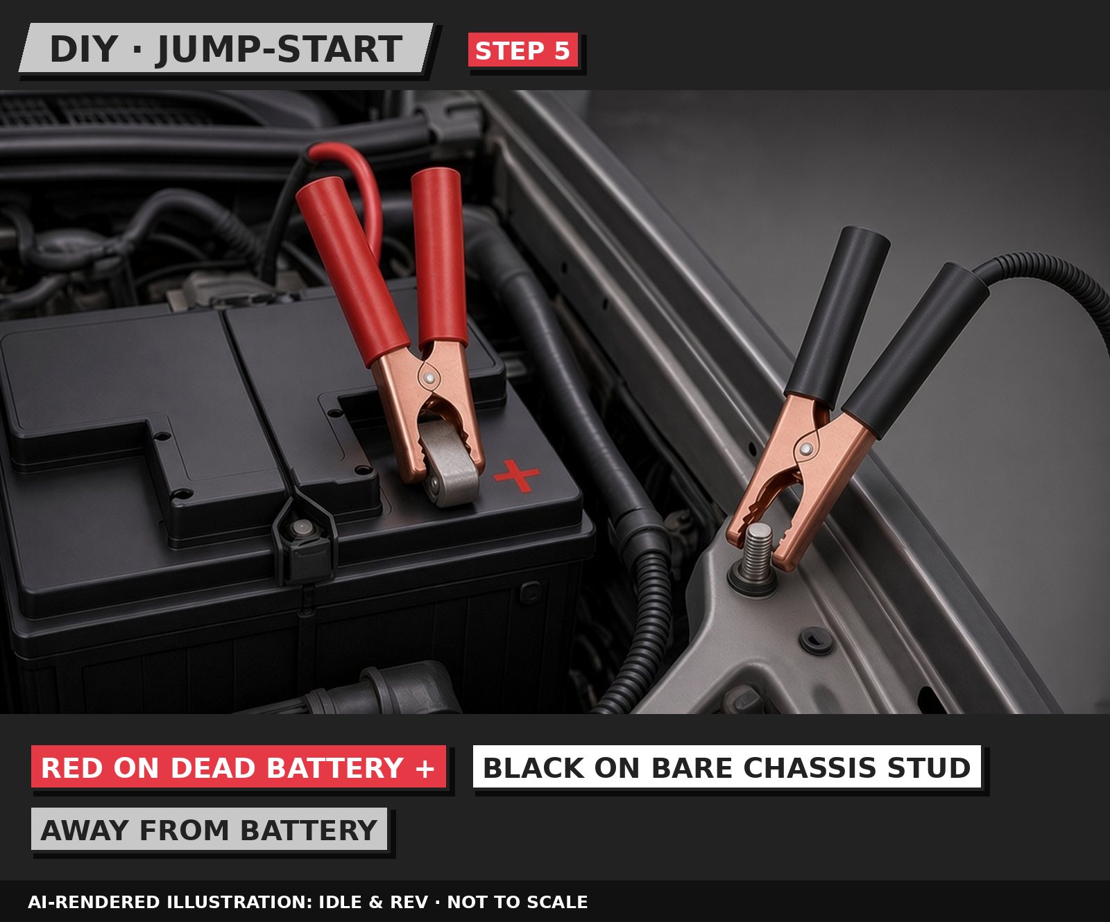 Idle & Rev illustration: Last black clamp to bare metal on the dead car