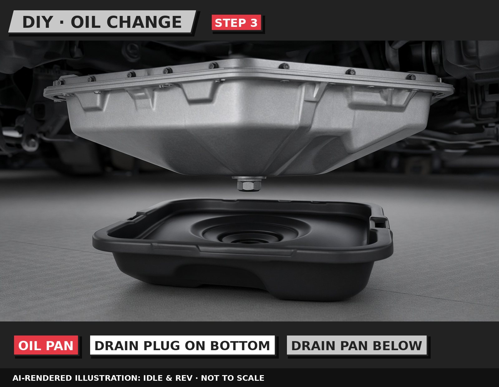 Idle & Rev illustration: Find the drain plug and position the pan