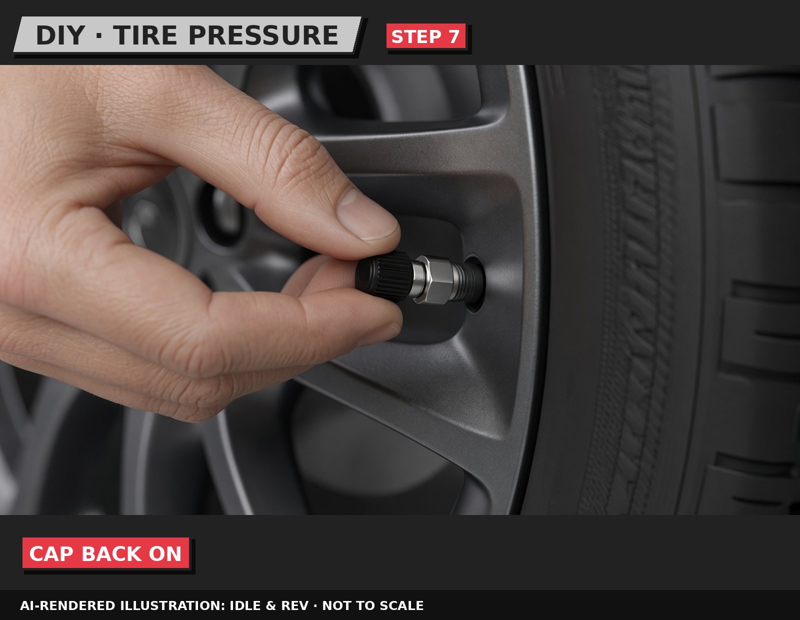 Idle & Rev illustration: Cap on, repeat on every tire