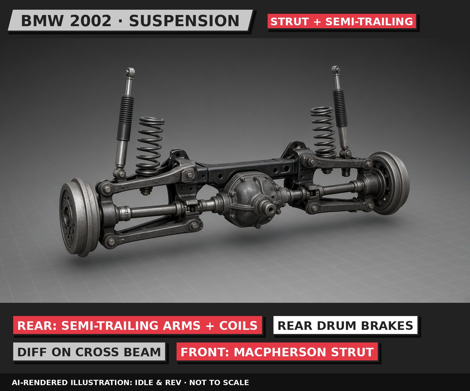 AI-rendered 3D illustration, 80s neo-pop style: BMW 2002 suspension, labelled