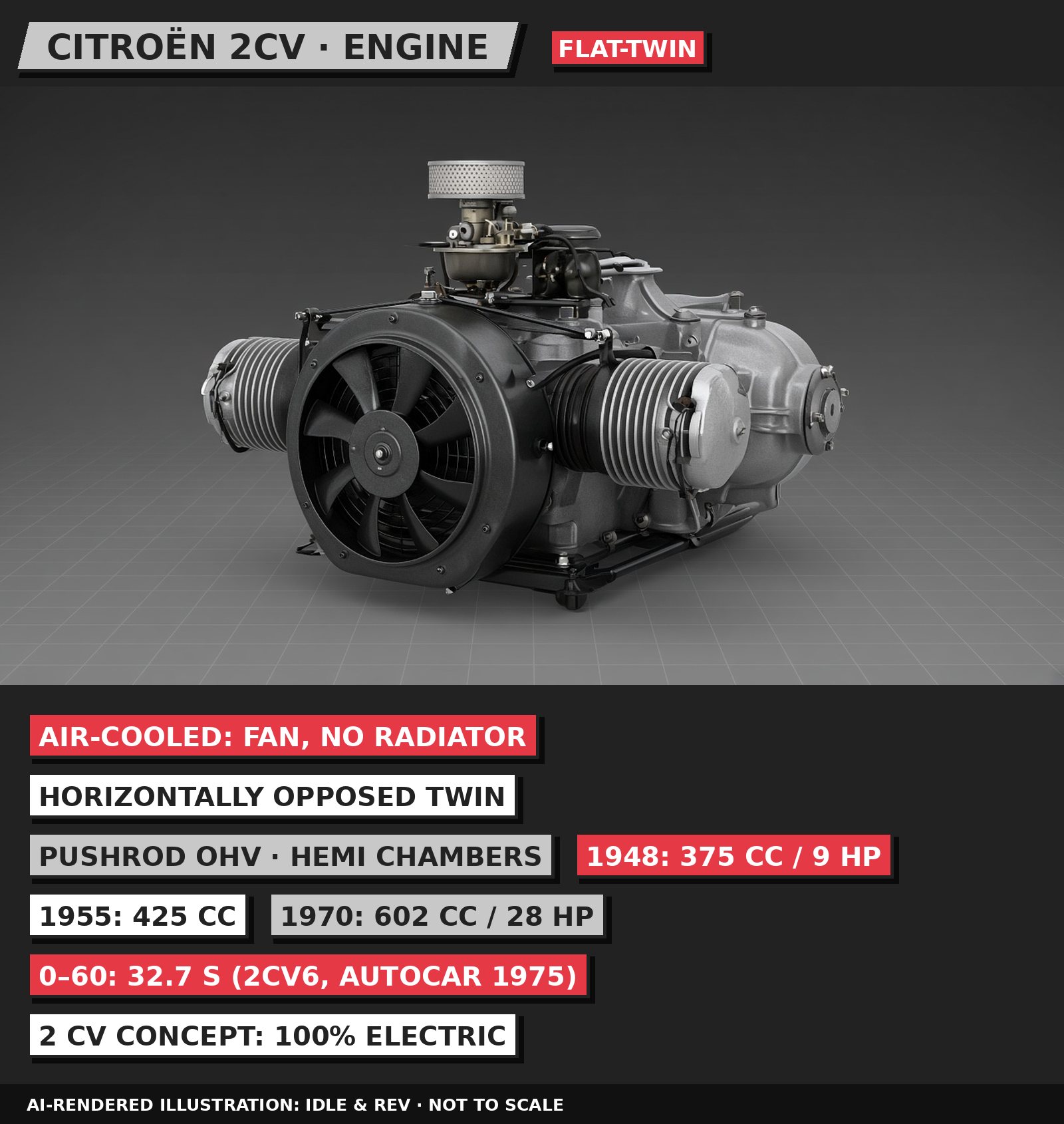 AI-rendered 3D illustration, 80s neo-pop style: Citroën 2CV engine, labelled
