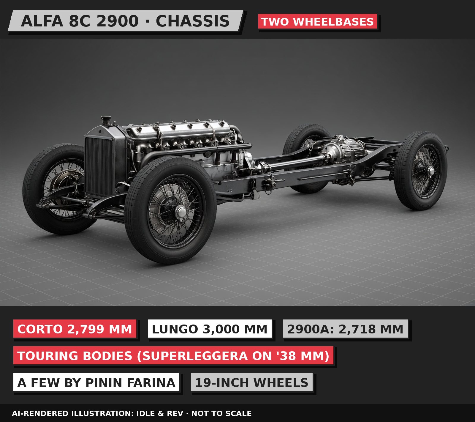 AI-rendered 3D illustration, 80s neo-pop style: Alfa Romeo 8C 2900 chassis, labelled