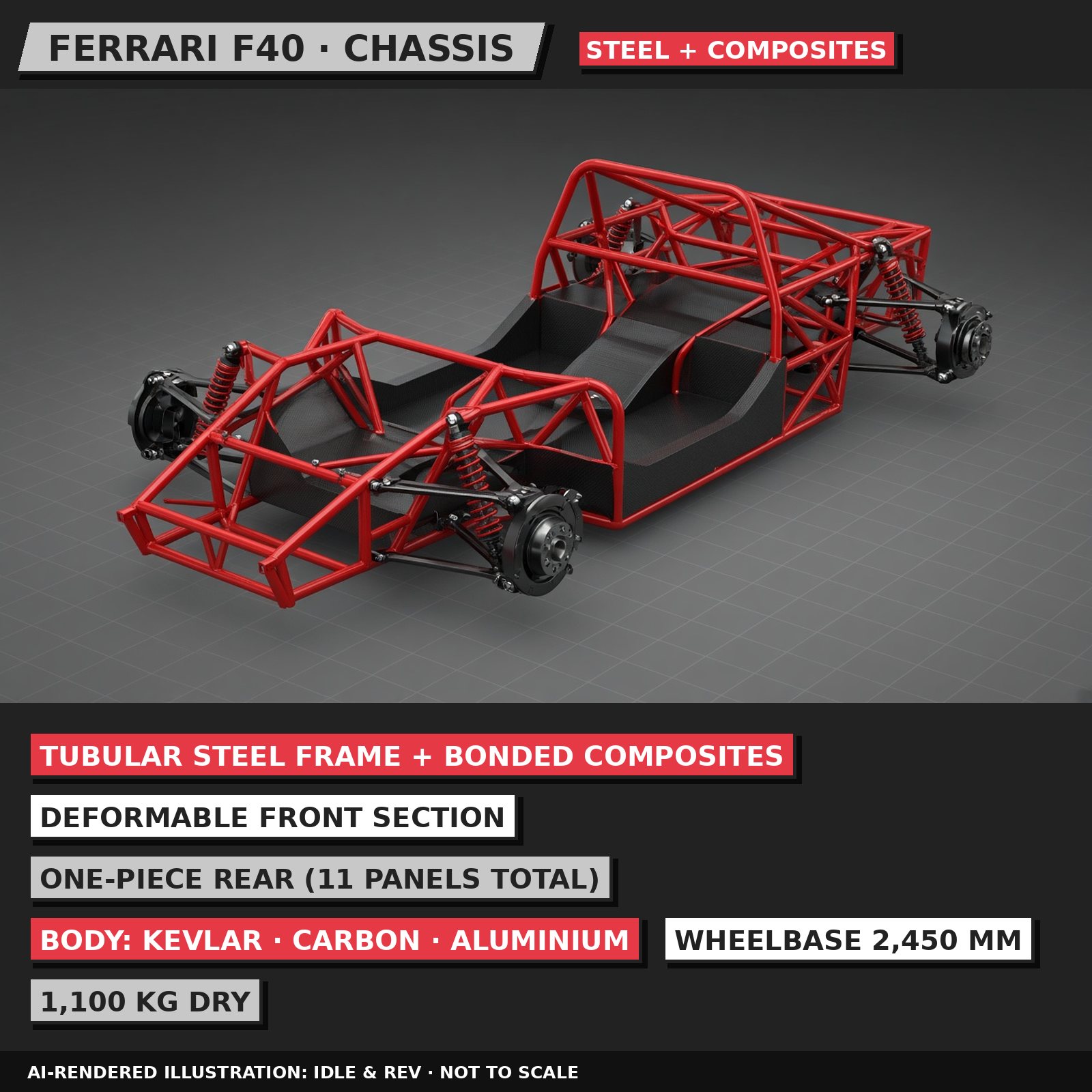AI-rendered 3D illustration, 80s neo-pop style: Ferrari F40 chassis, labelled