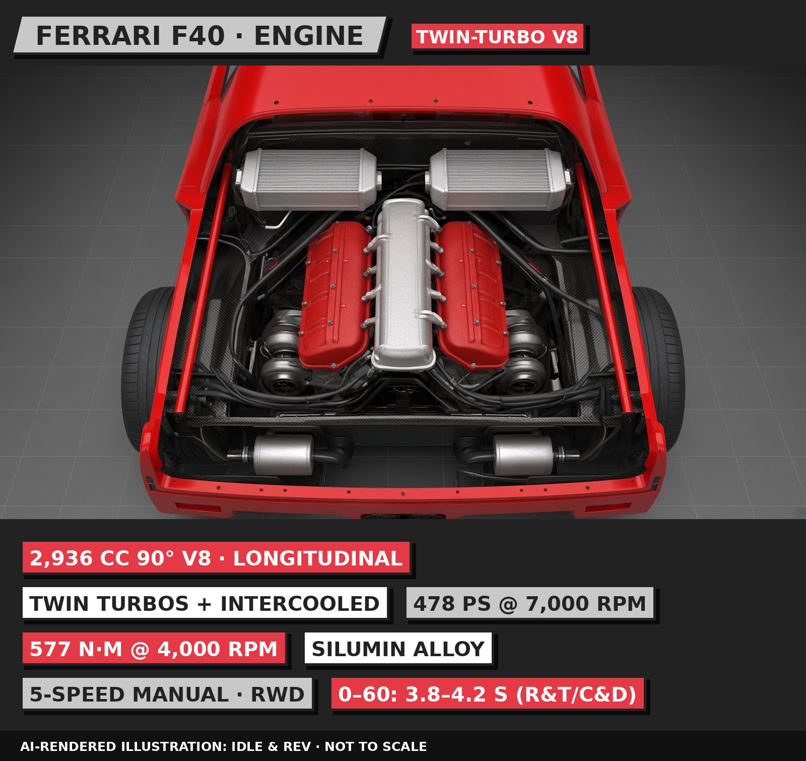 AI-rendered 3D illustration, 80s neo-pop style: Ferrari F40 engine, labelled