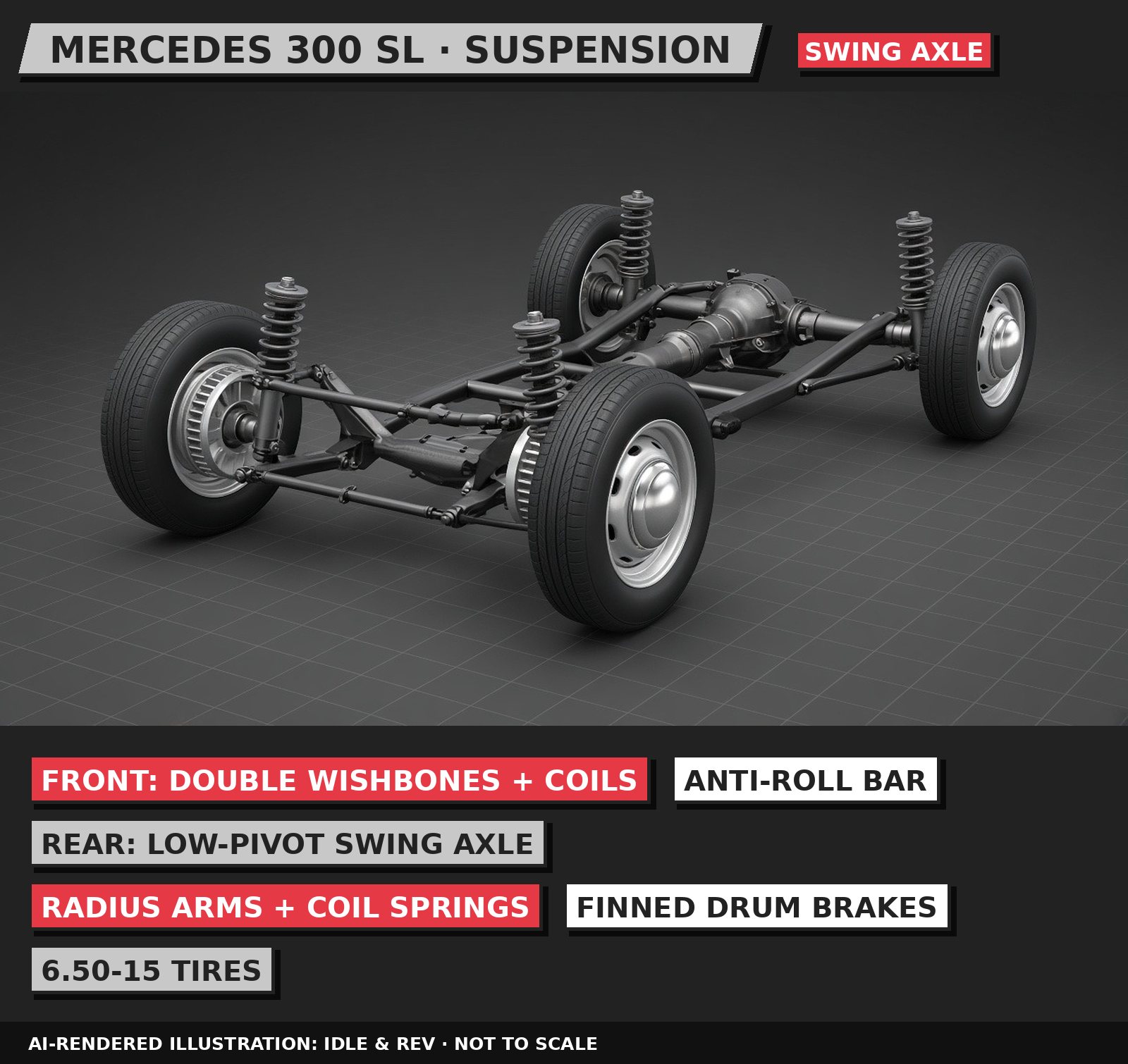 AI-rendered 3D illustration: Mercedes-Benz 300 SL suspension, labelled