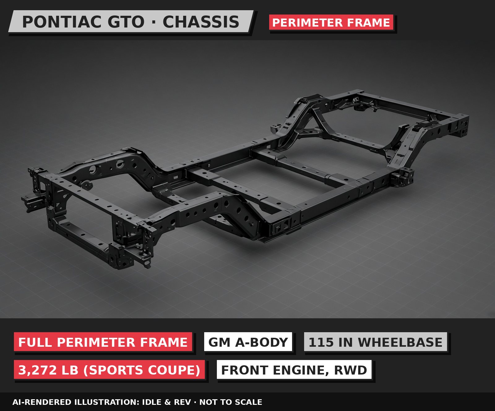 AI-rendered 3D illustration: 1964 Pontiac GTO chassis, labelled