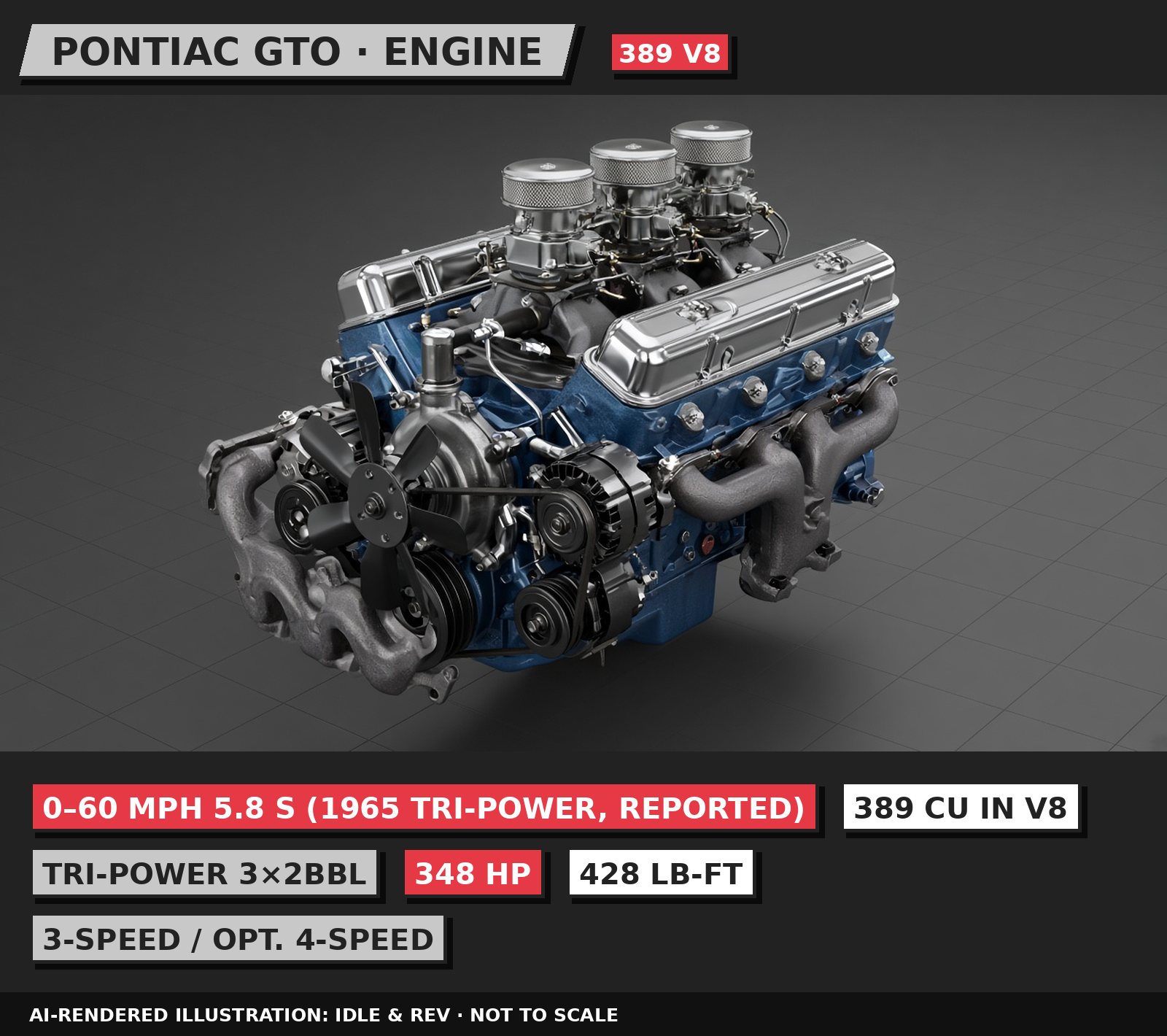 AI-rendered 3D illustration: 1964 Pontiac GTO engine, labelled