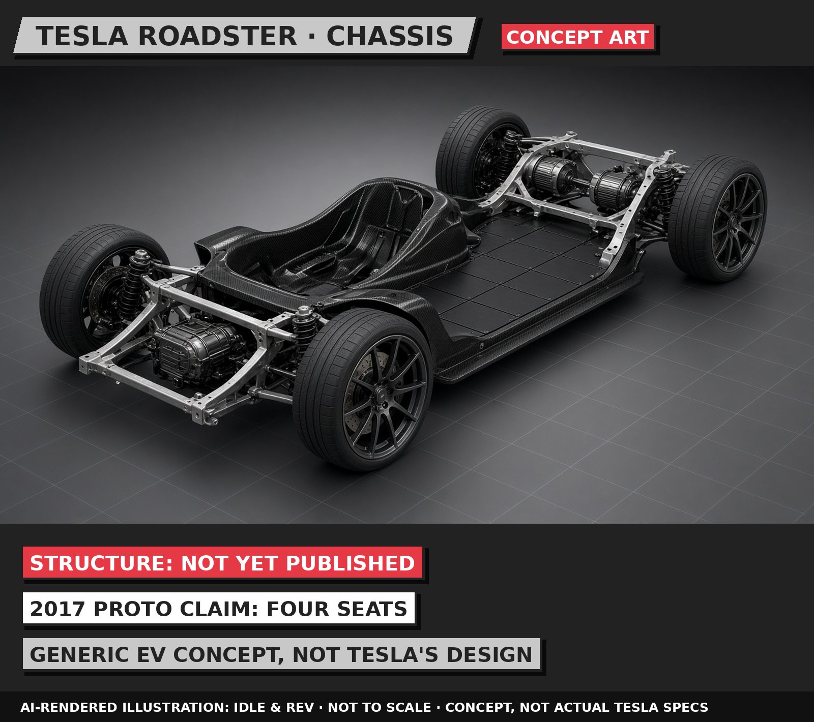 AI-rendered 3D illustration of Tesla Roadster chassis concept, labelled