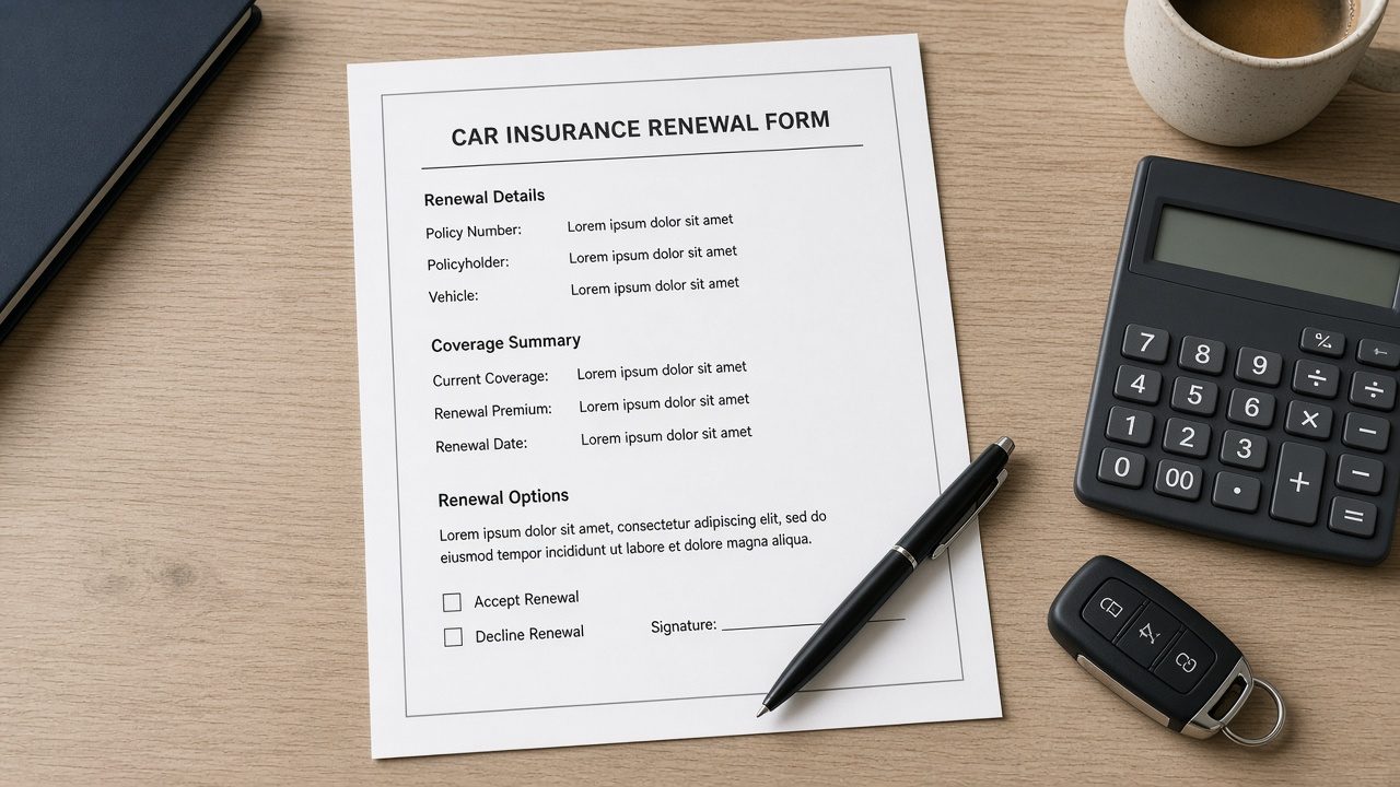 Illustration of a car-insurance renewal form, calculator and car keys on a desk