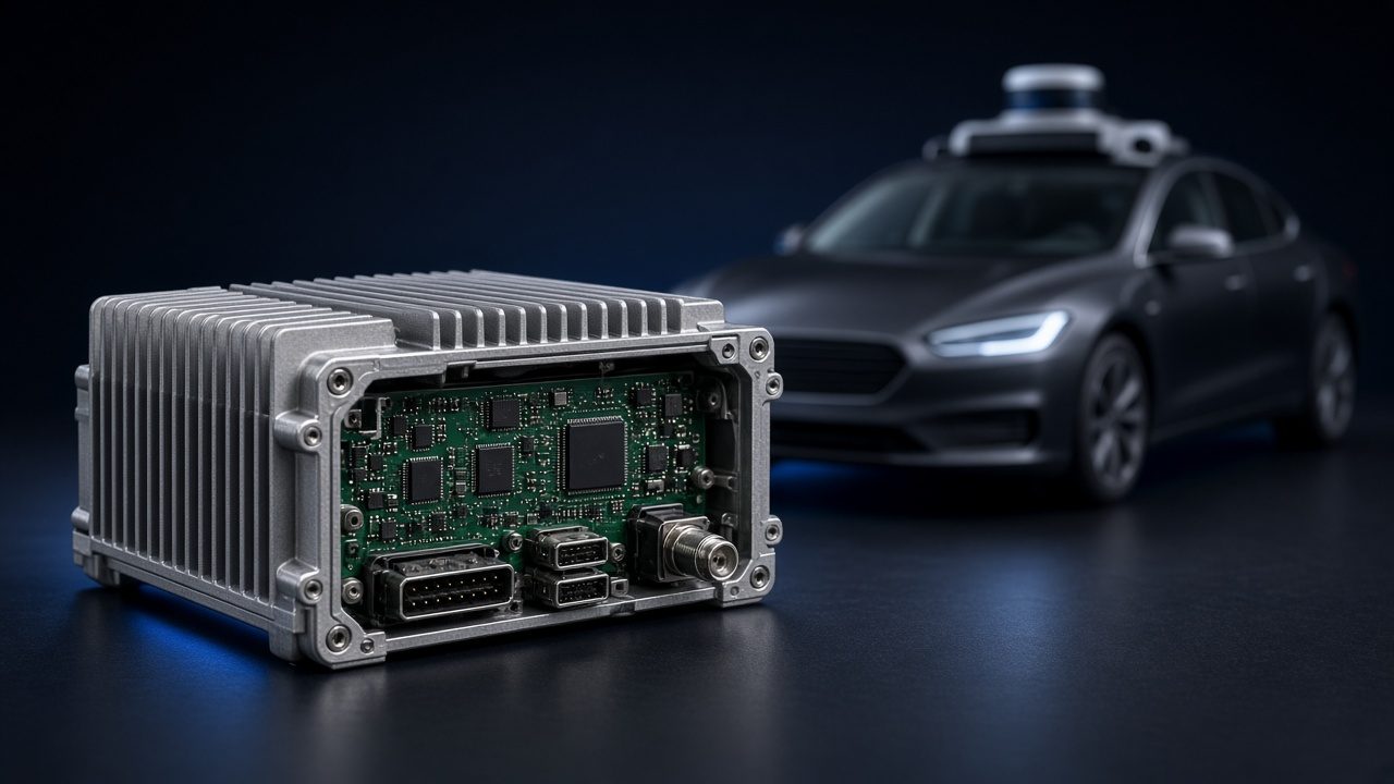 Illustration of an automotive AI computer module with a lidar-equipped car behind