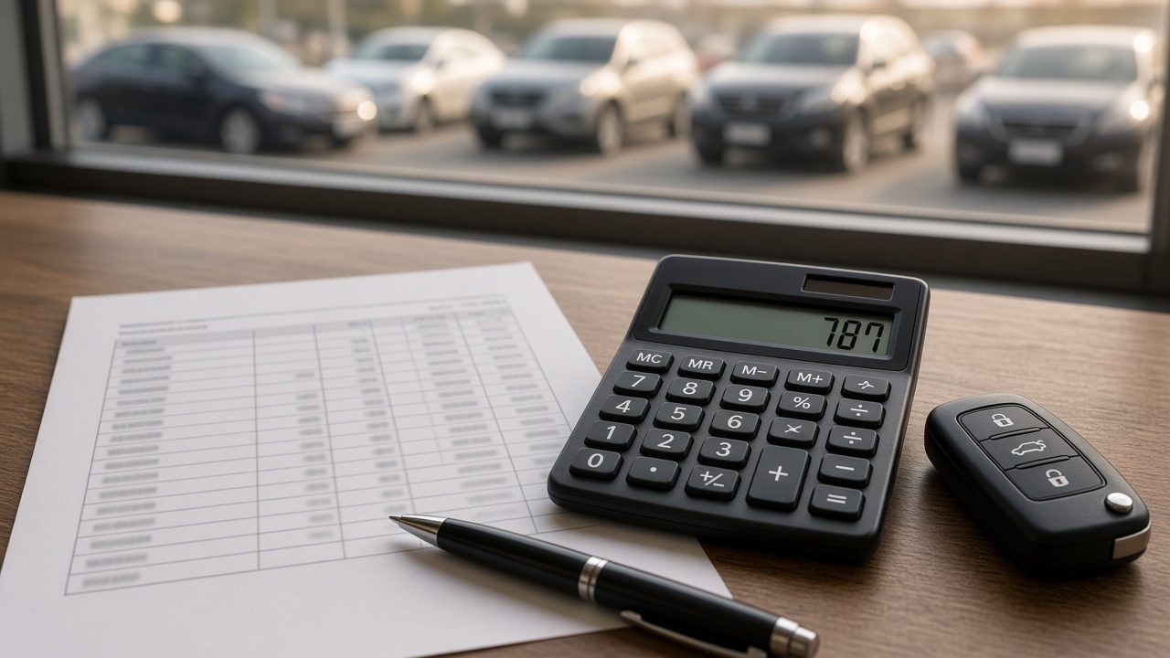 Illustration of an auto-loan payment schedule, calculator and car key fob