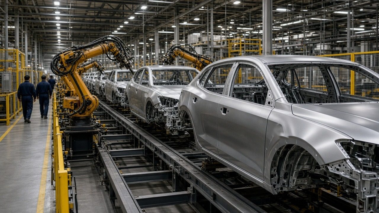 Illustration of a car assembly line with unpainted car bodies